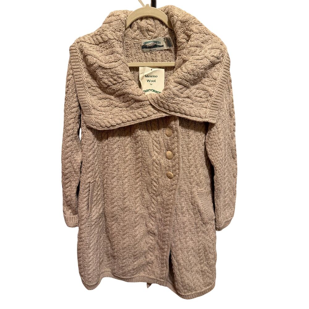 Aran Crafts Ireland Merino Wool Cable Knit Sweater Coat Cardigan Women Cream M - Picture 2 of 13